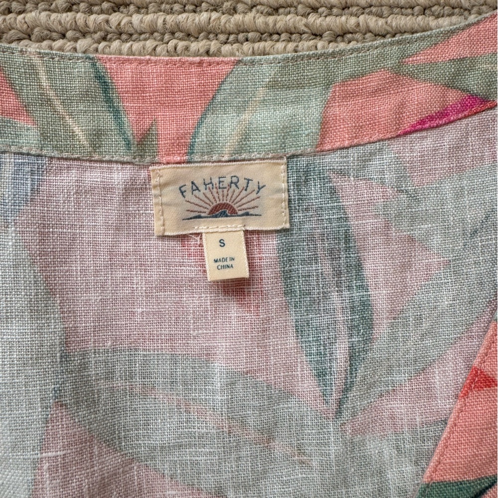 Faherty Floral Linen Shirt in Coral & Sage Leaves